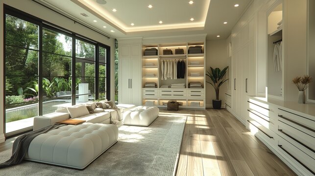 Grand dressing ouvert, salon avec canap&eacute; et grandes baies vitr&eacute;es. Large open-plan dressing room, living room with sofa and large picture windows.