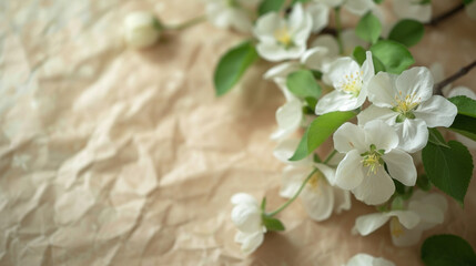 Realistic sprigs of apple flowers on a background of brown paper