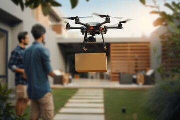 Obraz premium Smart package Drone Delivery tech box. Box shipping expedited drone logistic parcel urban mobility transportation. Logistic tech tech entrepreneurship mobility drone logistic analytics