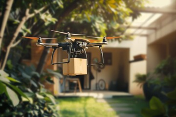 Smart package Drone Delivery beauty box. Box shipping parcel delivery speed parcel connected cars transportation. Logistic tech drone logistic analytics mobility garden design software
