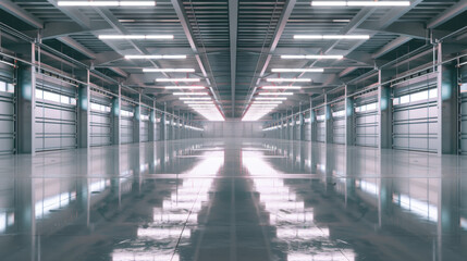 Obraz premium An expansive and modern industrial warehouse interior is illuminated in cool blue tones with a glossy floor reflecting the overhead lights.