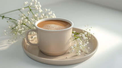 Cup of coffee on a ceramic plate with a sprig of gypsophila on it on white background