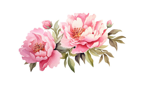 Watercolor pink peony large beautiful flowers print poster vector illustration wedding engagement