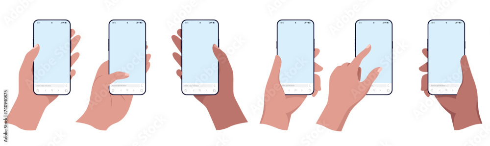 Leinwandbilder mobile phone in hand mockup collection - set of hands holding and using smartphone in simple flat de