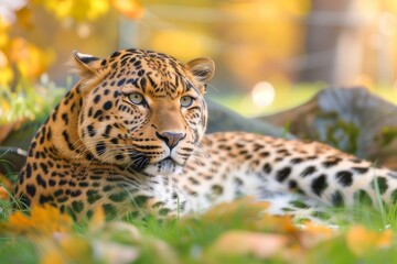 Close-up of a leopard lying in the grass with a blurry background