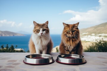 Two domestic cats are seated beside bowls of food, ready to eat.