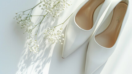 White stiletto shoes with gypsophila sprigs wedding decor