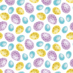 Blue, yellow, purple Easter eggs. Spring watercolor seamless pattern. Cute Print for Easter decorations. Template for Easter cards, covers, posters, invitations, scrapbooking, packaging papers