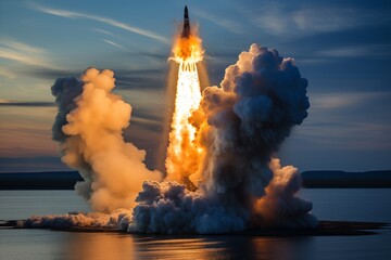 A rocket is being launched vertically into the sky, leaving a trail of flames and smoke behind it.