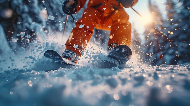 Diffuse background image of speeding skier with splashing snow.