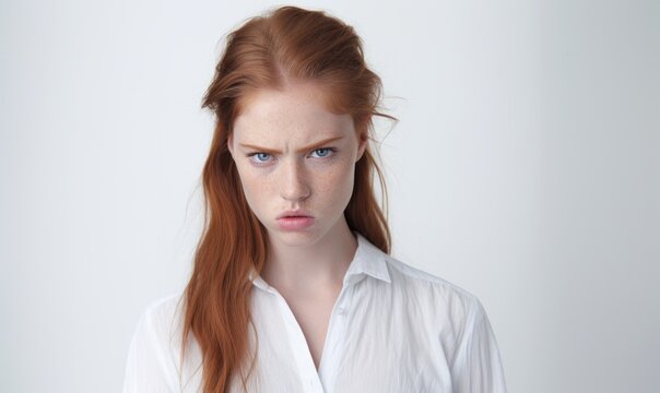 Angry woman on white background. Anger expression concept.