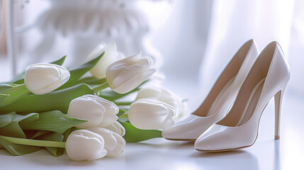 White stiletto shoes with tulips flowers decor