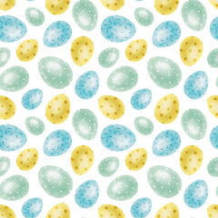 Blue, yellow, green Easter eggs. Spring watercolor seamless pattern. Cute Print for Easter decorations. Template for Easter cards, covers, posters, invitations, scrapbooking, packaging papers