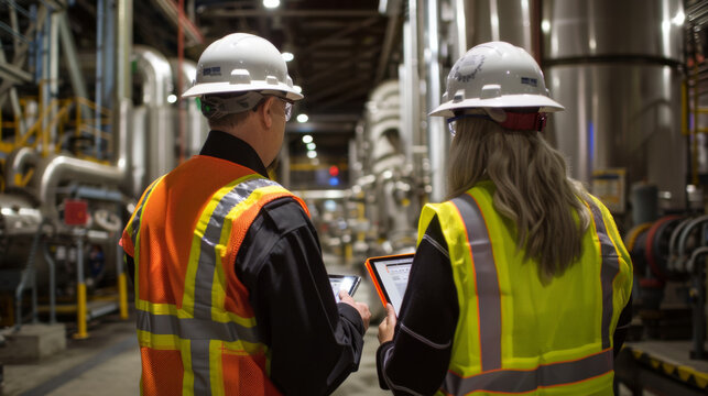 Two industry professionals in safety gear are inspecting a manufacturing plant using a digital tablet.