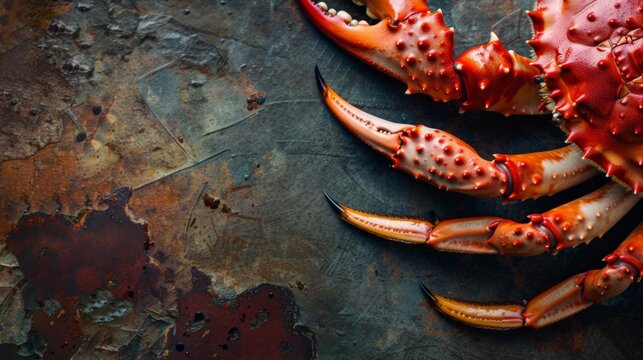 Cooked crabs on black plate served with white wine, black slate background, top view