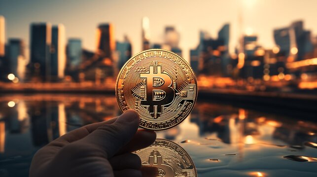 Banner with a photo of a man holding a bitcoin logo coin against a blurred cityscape background. there is empty space to add text.