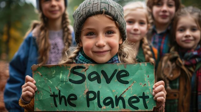 Child holding green sign that says Save Planet in school yard, surrounded by other children wearing clothes made of patchwork, quilting, or recycled materials, smiling and cheering. Sustainable fashio