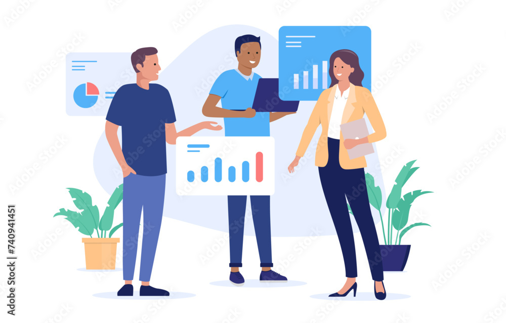 Poster Computer workers and charts - Team of three people working on abstract data with diagrams and infographics. Flat design vector illustration with white background