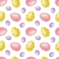 Purple, yellow, pink Easter eggs. Spring watercolor seamless pattern. Cute Print for Easter decorations. Template for Easter cards, covers, posters, invitations, scrapbooking, packaging papers