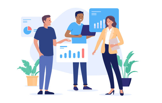 Computer workers and charts - Team of three people working on abstract data with diagrams and infographics. Flat design vector illustration with white background
