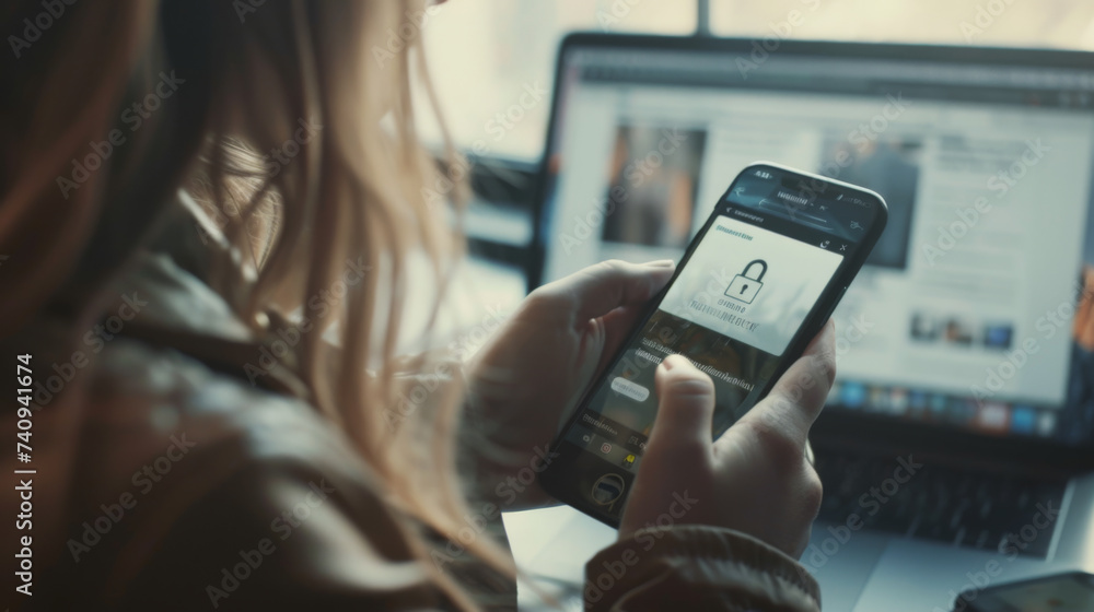 Poster a person's hand is interacting with a smartphone displaying a cybersecurity lock graphic, with a lap