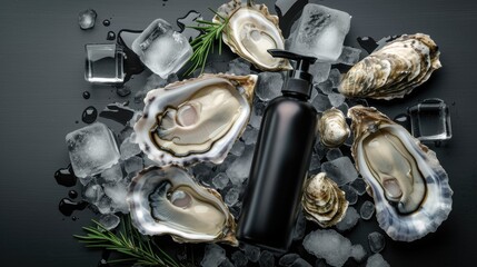 Concept of oyster cosmetic skincare, hair care, body care. Bottle and oysters on water ice background. Luxury beauty cosmetic with oyster extract, cleanser, shampoo, body cream