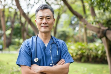 Portrait of a male Asian doctor wearing scrubs in a park - obrazy, fototapety, plakaty