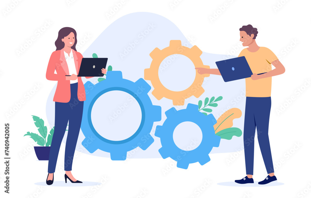 Poster solving problem - two office people, man and woman with laptop computers working with cogwheels in b