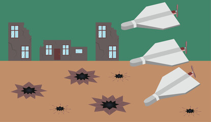a swarm of drones attacks destroyed houses and impact craters on the field
 - obrazy, fototapety, plakaty