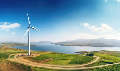 Obraz premium Wind turbine in beautiful landscape, production of clean and renewable energy, renewable and green energy concept.