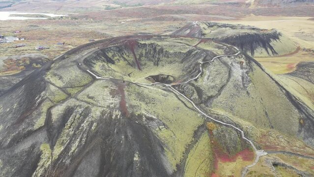 Aerial video of the Gravelbrook volcano or Gravelbrook Crater, Bifrost, Iceland