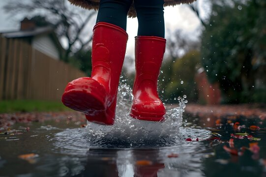 Little girl in red boots having fun jumping in a big muddy puddle on a rainy day