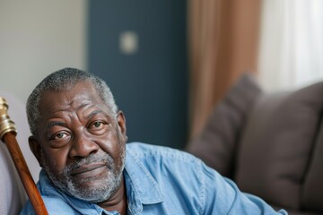 Caregiver, nurse, older black man or medical professional with support, recovery, or healing on a couch, in retirement or with healthcare.