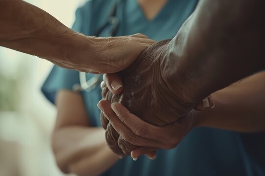 The elderly man and the nurse in a retirement home have their hands held together with a smile at the end of a long day at the retirement home. A photo of a patient and a black caregiver together for