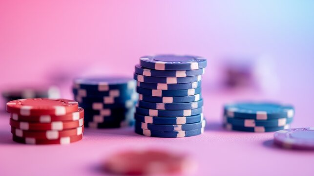 Colorful Casino Chips Stacked on Vibrant Pink Surface with Copy Space for Gambling Concepts