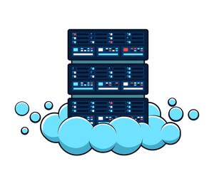 A cluster of servers is perched on top of a cloud in a technology concept. The servers are neatly arranged and interconnected, symbolizing a cloud computing infrastructure.
