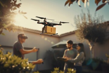 Smart package Drone Delivery active transportation. Parcel hydrogen powered mobility box aerial cargo delivery shipping. Logistic immersive experiences mobility self supervised learning - obrazy, fototapety, plakaty