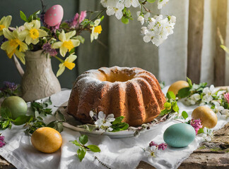 Obraz na płótnie Canvas Easter cake sprinkled with powdered sugar, decorated with fruits and surrounded by Easter eggs on white wooden table. Holiday Food Photography.