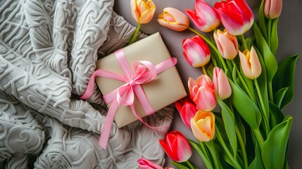 Gift Box with Pink Ribbon and Bicolor Tulips on Textured Gray and White Blankets