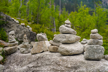 balanced stones art in the Tatras mountains forest