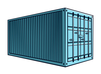 A blue shipping container with metal bars on its side, standing against a concrete background. The container appears to be locked securely with the bars for added security.