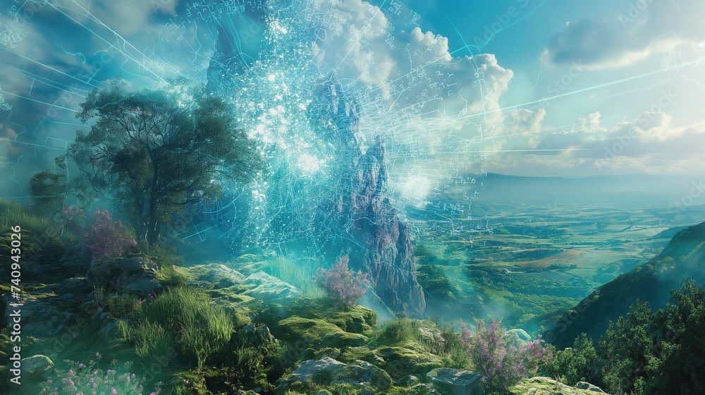Poster an image depicting the overlay of digital imagery on a real-world landscape, illustrating augmented 
