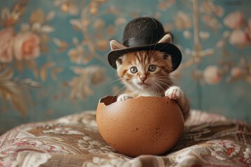 victorian dressed kitten coming out from a cracked easter egg - 740943200