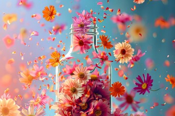 spring inside a bottle exploding spreading vivid colors flowers - 740943235