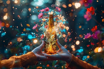 girl woman hands holding spring inside a bottle exploding spreading vivid colors flowers - 740943245