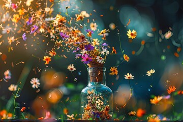 spring inside a bottle exploding spreading vivid colors flowers - 740943266