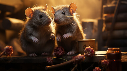  Two rats with glowing eyes in a dimly lit setting.Curious Rodent Pals.