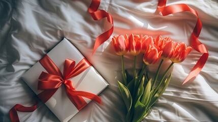 Vibrant Red Tulips and White Gift Box with Satin Ribbon on Luxurious Silk Bedding