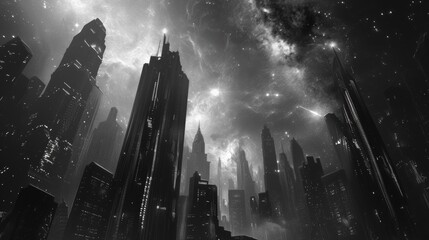 Futuristic City Skyline under a Cosmic Sky with Galactic Elements