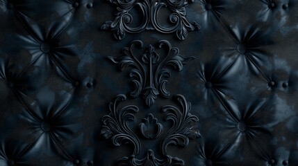 An illustration of a deep, black velvet texture featuring an embossed classical pattern that adds elegance and depth to opulent wallpaper designs.  - obrazy, fototapety, plakaty
